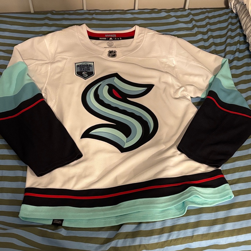 Adidas White and Blue Kraken Jersey